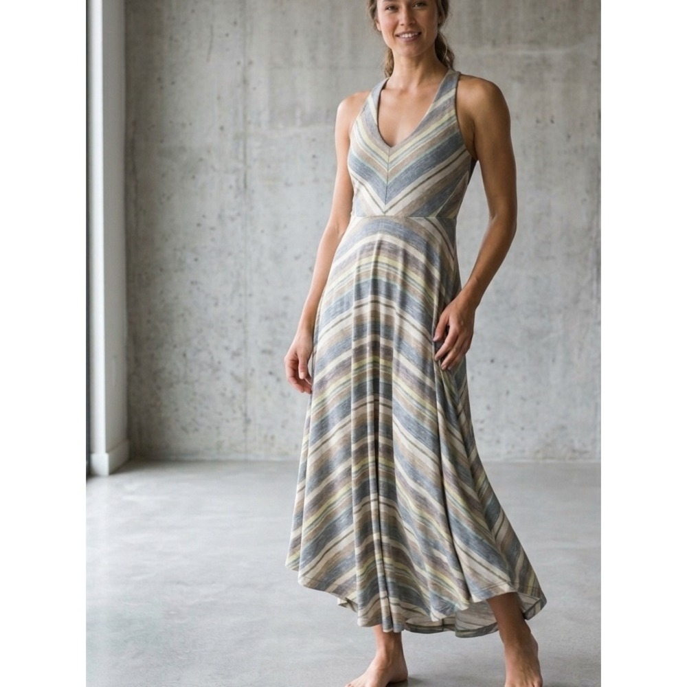 PrAna Striped Quinn V-Neck Racerback Midi Dress Blue Tan Medium